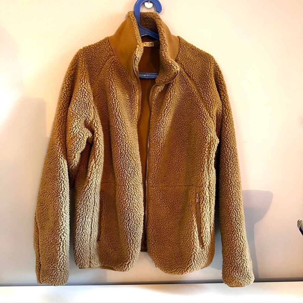 BRANDY MELVILLE John Galt Teddy Coat, Jacket, Tan, Sz OS (S-M), Zip, Pockets EUC